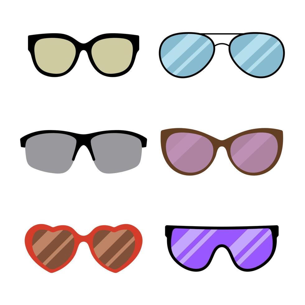 Set of Stylish Sunglasses Illustration. Each pair showcases a unique design and lens color. This colorful collection is ideal for summer, fashion, accessory themed projects. vector