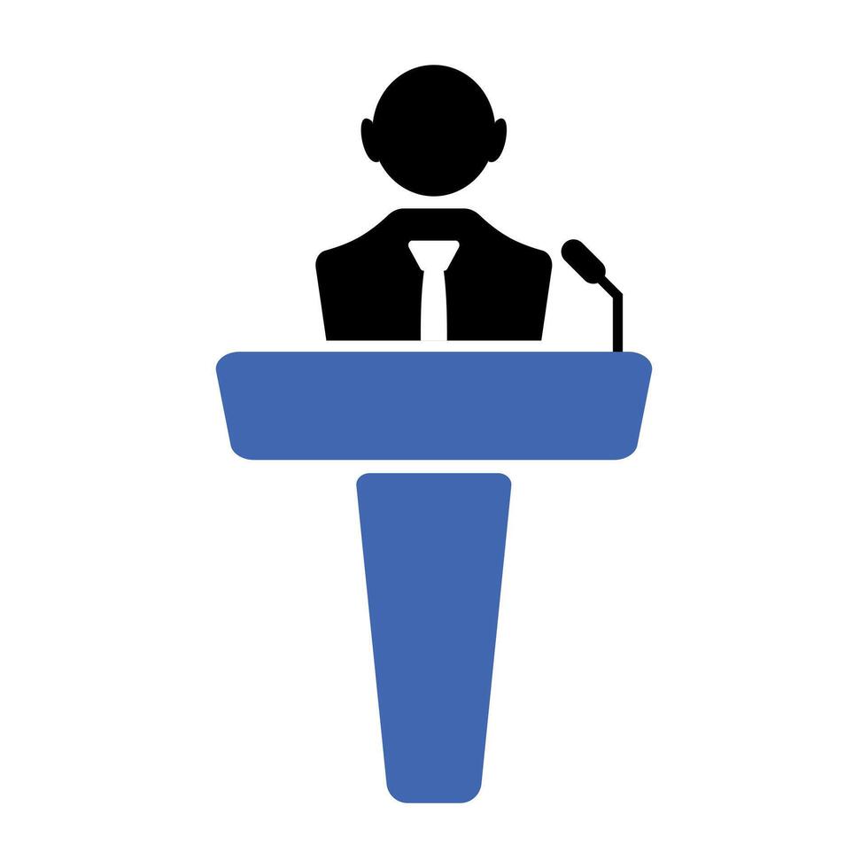Public Speaker Icon at Podium with Microphone Illustration. A simplified silhouette of a person standing behind a blue podium, delivering a speech. vector