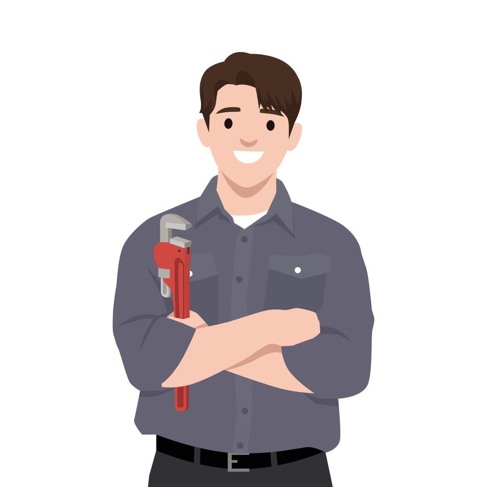 Smiling plumber holding a pipe wrench vector