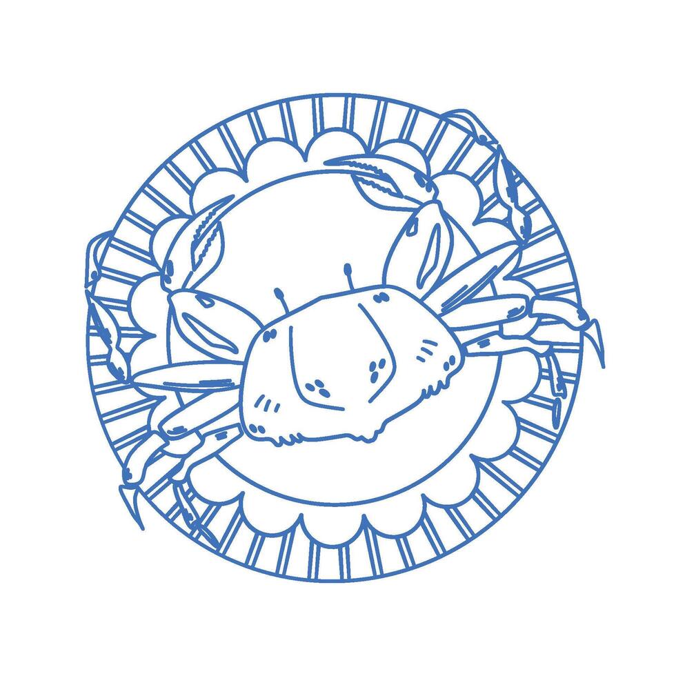 Sketch of crab on plate. Seafood isolated illustration. vector
