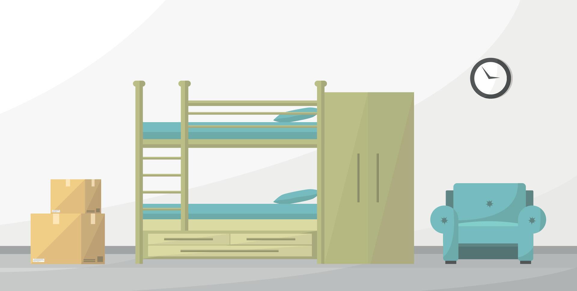 Interior with a bunk bed, armchair and boxes. Moving or moving in. Dormitory, hostel. vector