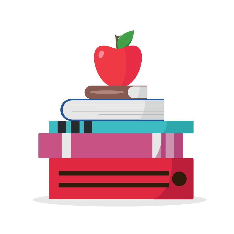 stack of books with red apple vector