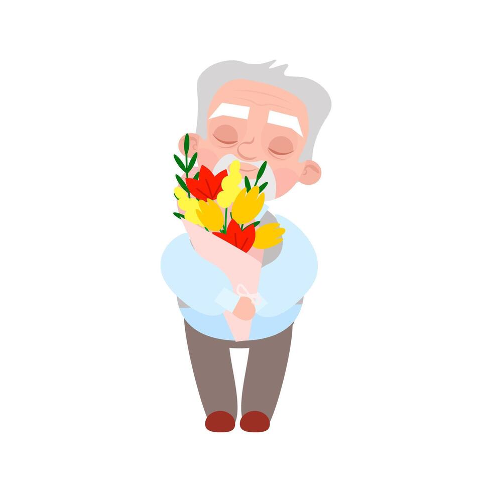 Cute elderly man with bouquet of flowers for National Grandparents Day vector