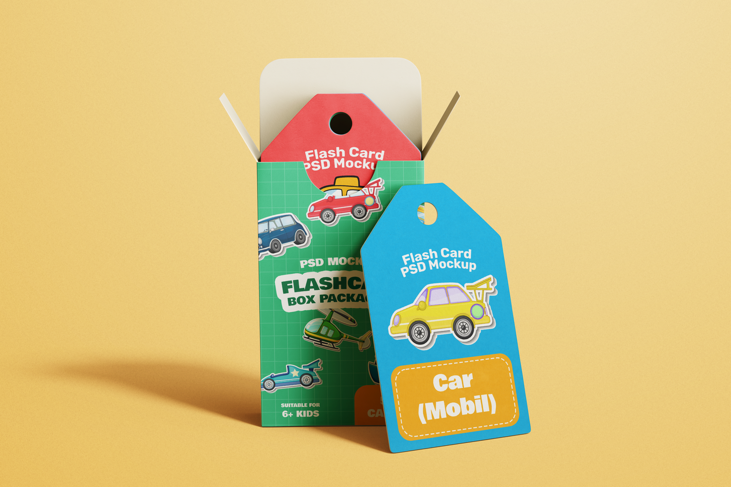educational flash card with packaging box mockup template psd