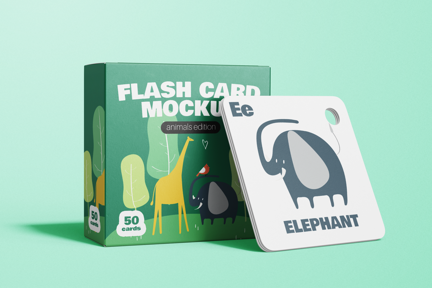 rounded square flash card with box cover packaging mockup template perspective view psd