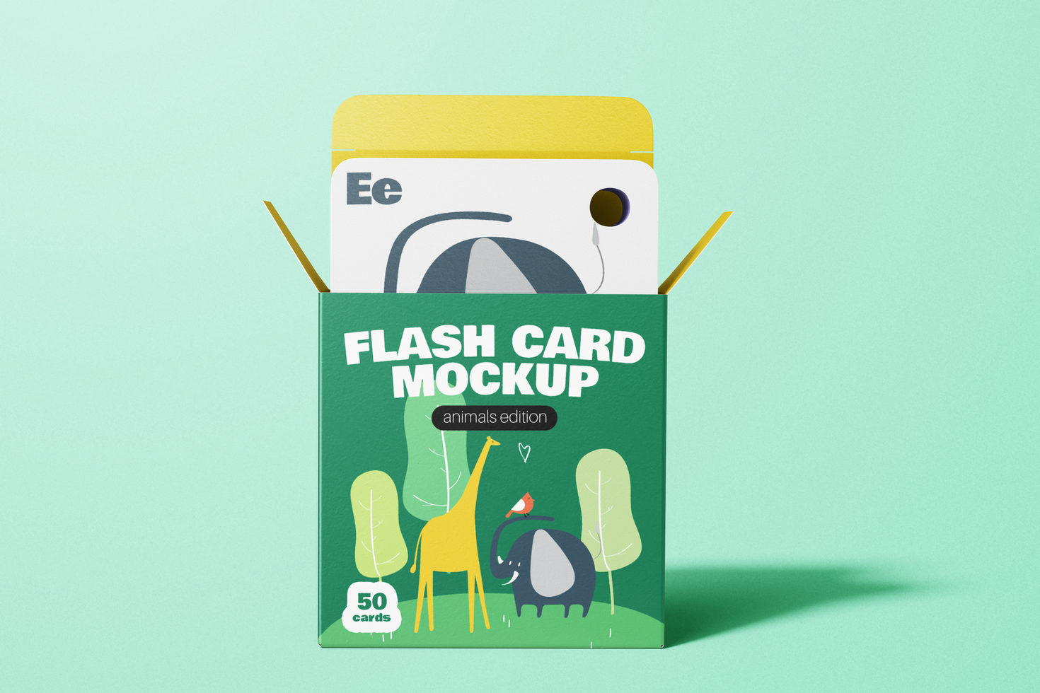 rounded square flash card with box packaging mockup template front view psd