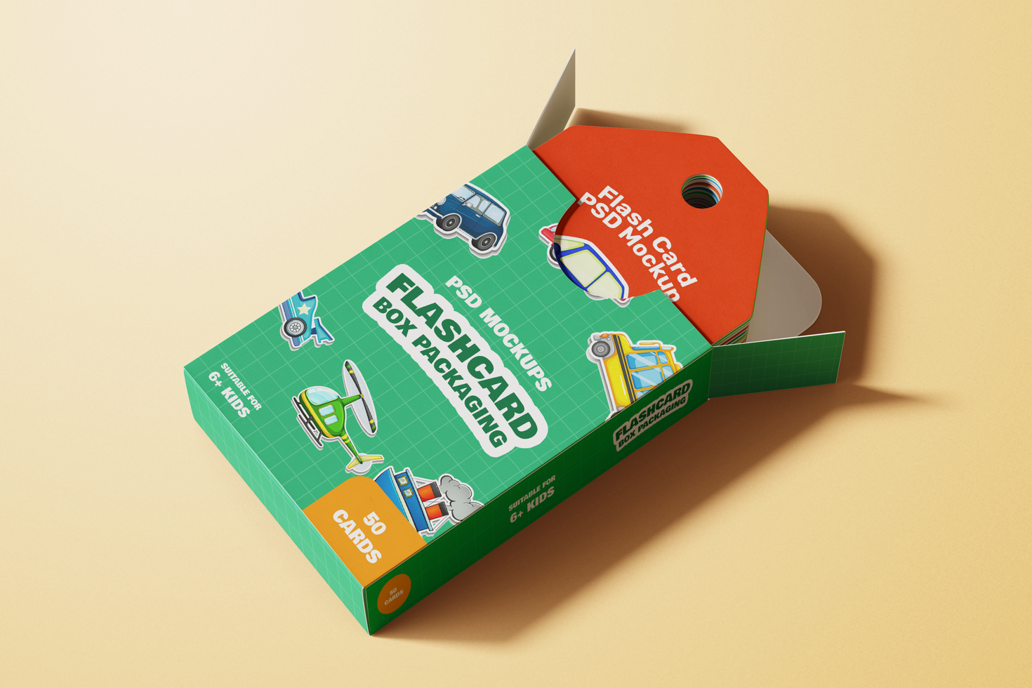 educational flash card with packaging mockup template resting view psd