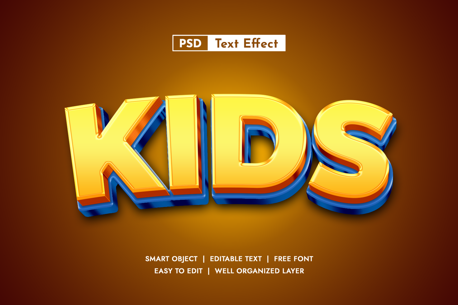 Playful and vibrant 3D KIDS Text Effect with a bright yellow and blue color scheme, perfect for children's events, educational materials, or fun product branding psd