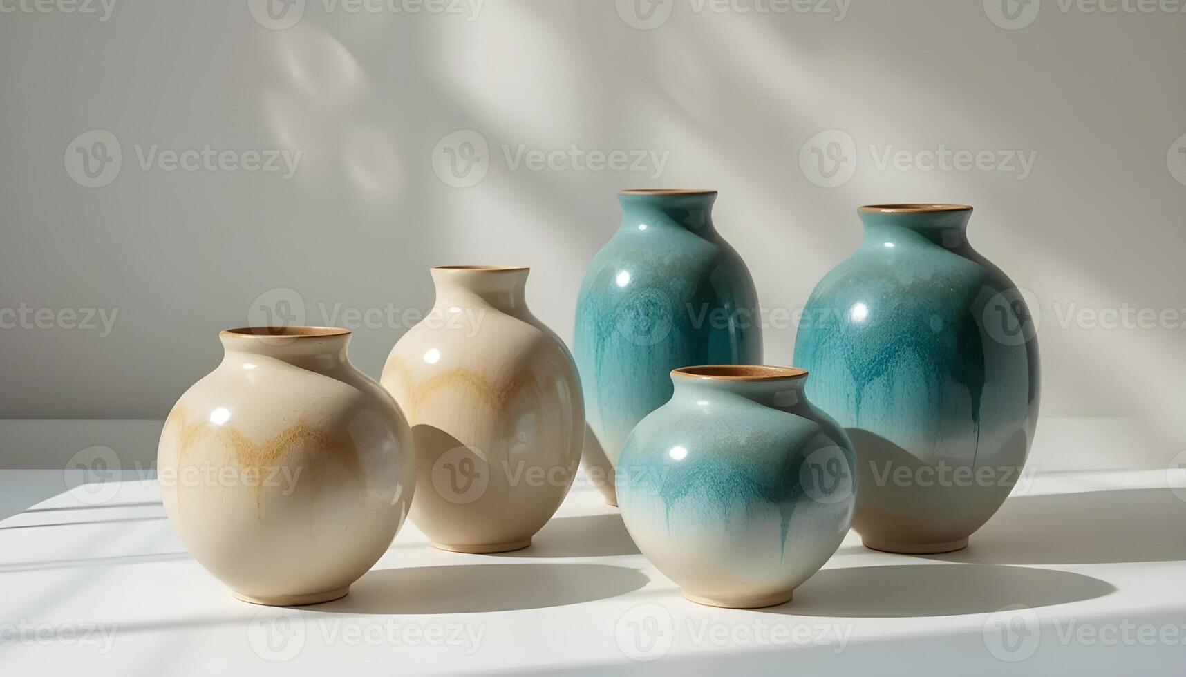 Studio Still Life with Ombre Ceramic Vases in Teal and Beige photo