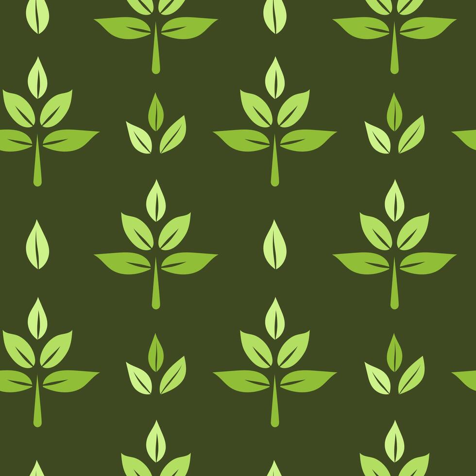 Green leaves icon seamless pattern on dark background, simple graphic pictogram illustration, eco friendly organic concept clip art, flat label element for logo, vegan, save energy and self care vector