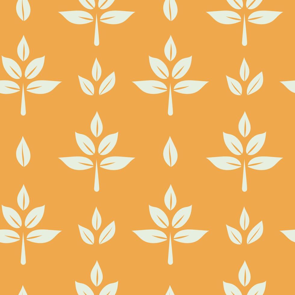 White leaves icon, herb seamless pattern on summer orange background, simple graphic illustration, eco friendly organic concept clip art, flat element for logo, packaging, save energy and self care vector