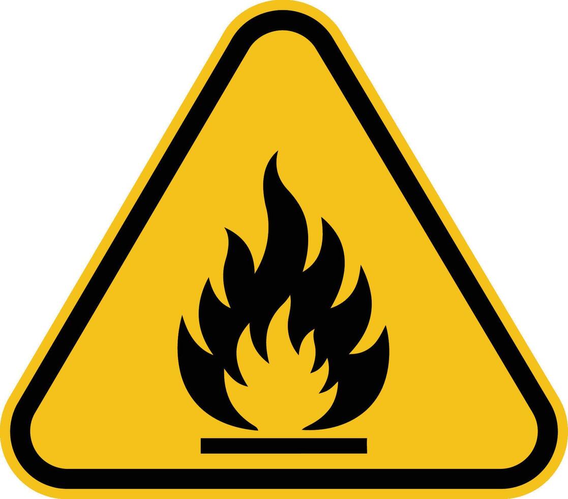 A yellow and black warning sign with a fire vector