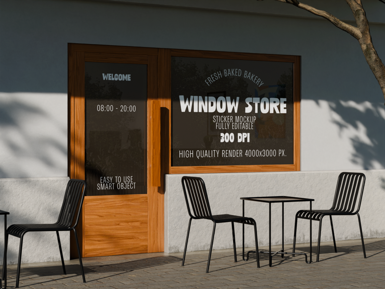 Bakery Storefront Mockup with Table and Chairs Outside psd