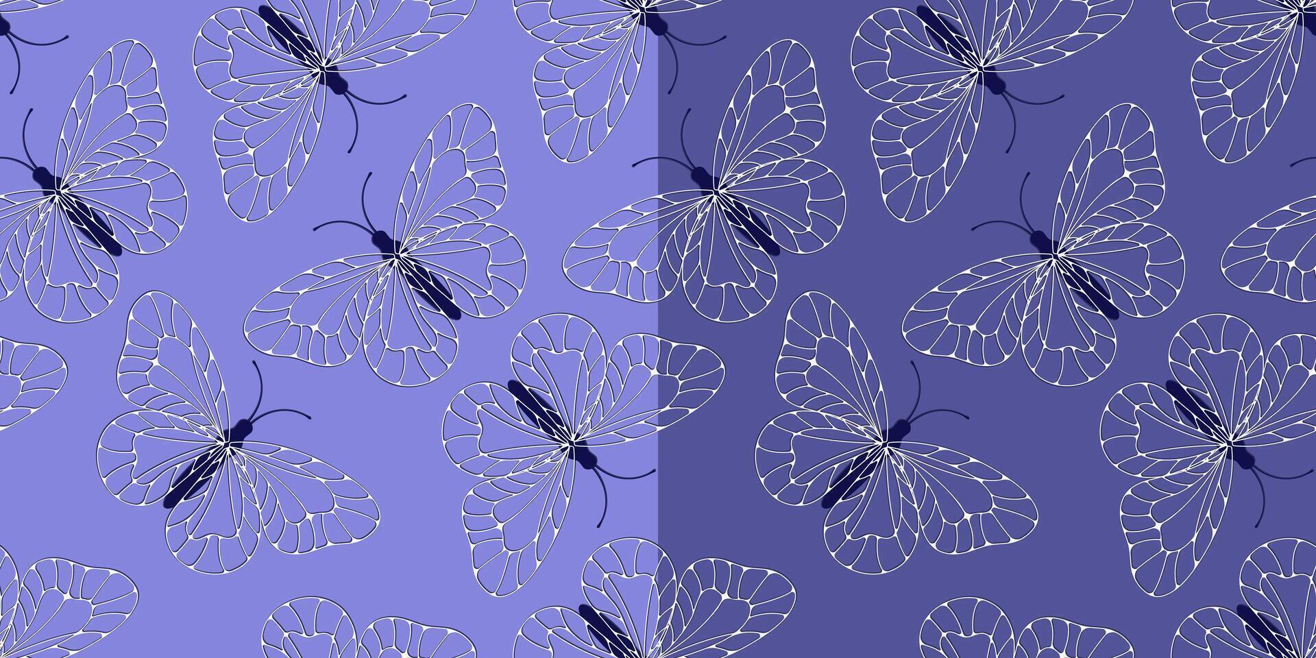 Set of seamless pattern with white outline butterflies vector