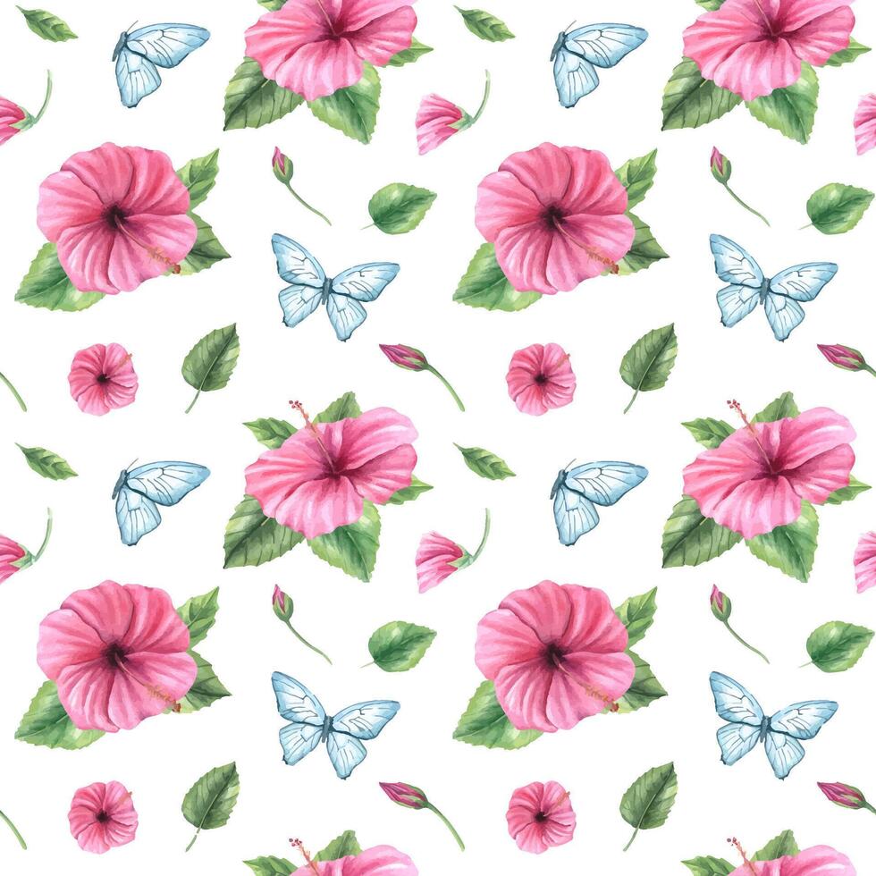 Floral pattern with pink hibiscus and butterflies vector