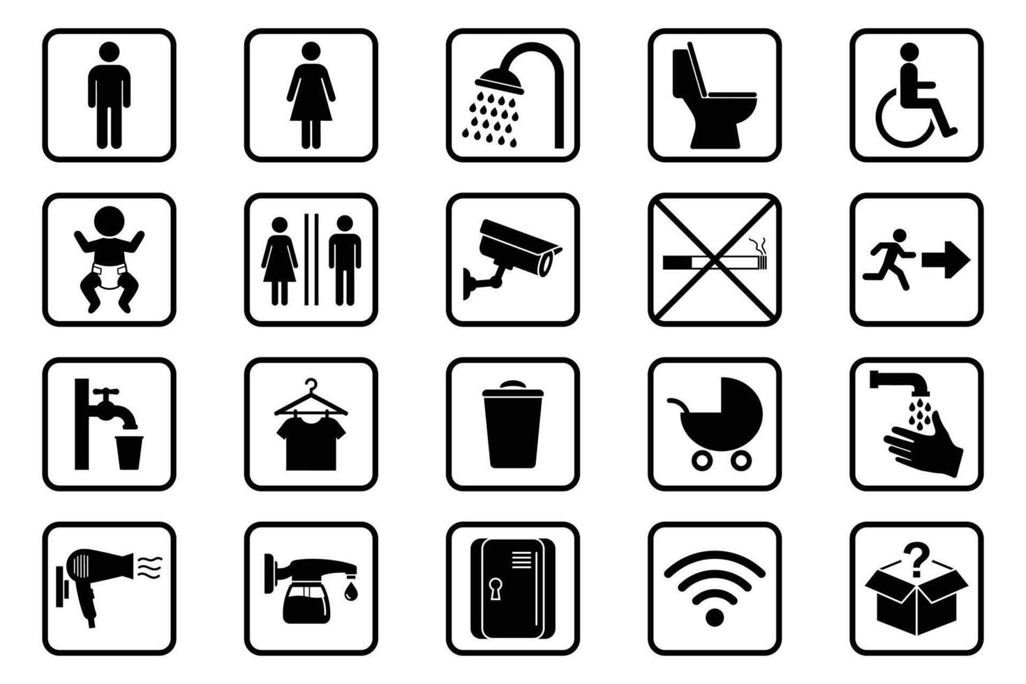 Restroom and Facilities Black Silhouette Icon. Bundle Toilet, Shower, Baby Changing, WC, Accessible, Hygiene Signs vector