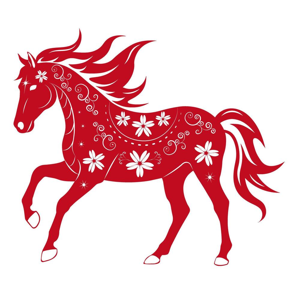Red floral horse silhouette isolated on transparent background. Decorative folk style illustration in red and white. Perfect for Chinese New Year, zodiac, prints, crafts, and festive design. vector