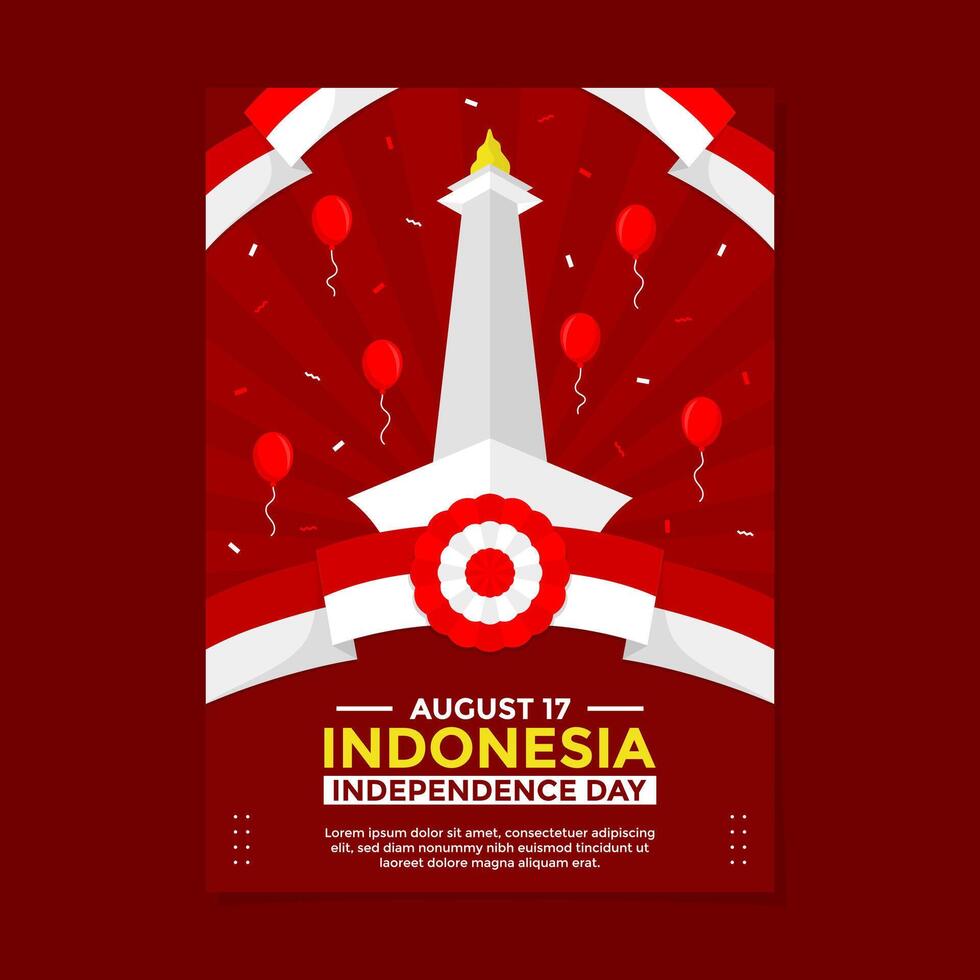 Indonesia Independence Day poster template with national monument landmark and balloons with wavy red and white flags on vertical red background vector