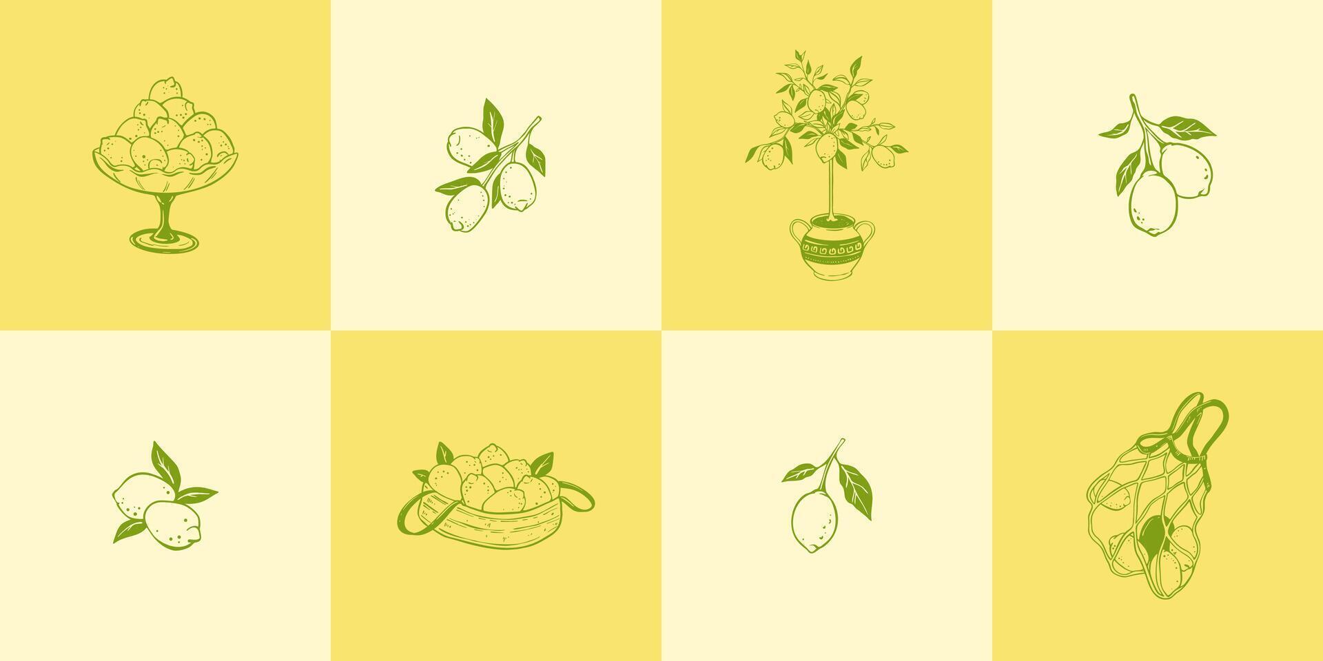 Set of whimsical lemon posters. Wedding invitation, cafe, restaurant menu, touristic beach vacation design elements. Grig yellow vintage background. Whimsical playful doodle drawing vector