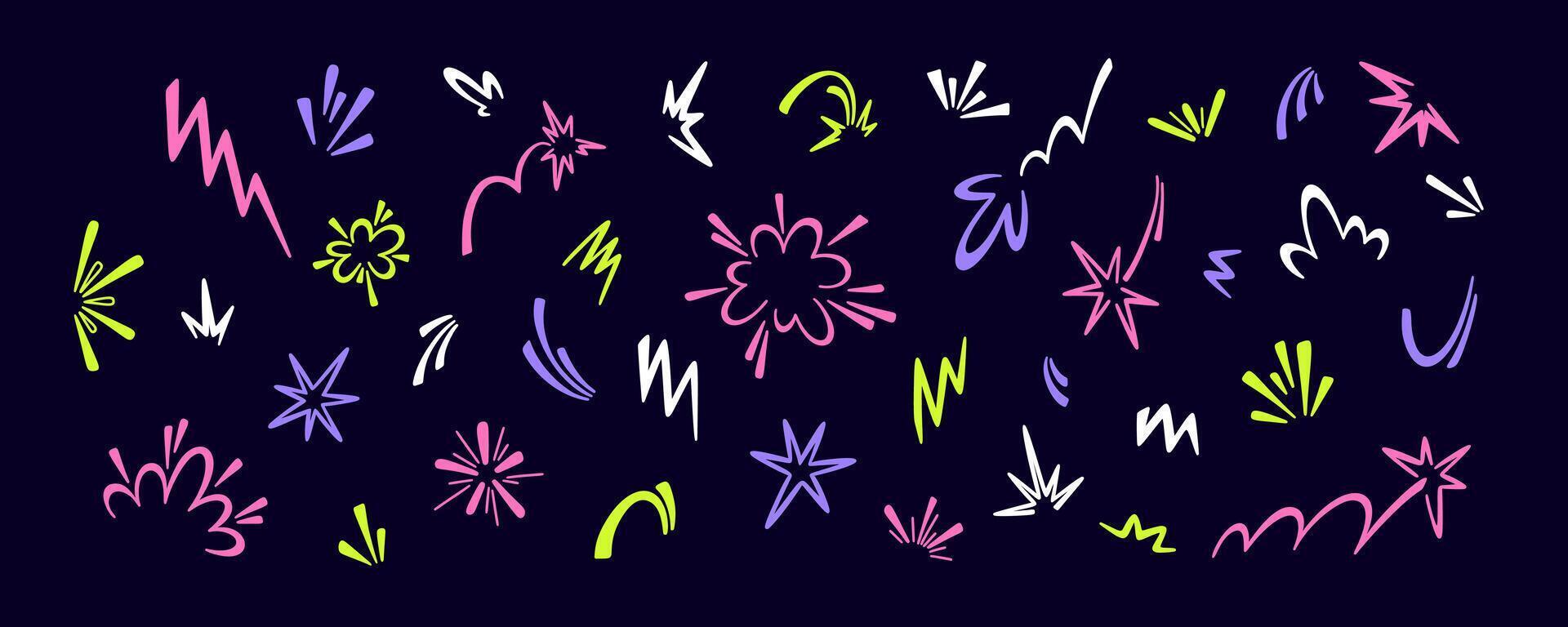 Set of hand drawn doodle cartoon comic effects. Cute line sound, angry, speed, spark, wow, punch icons. Manga symbols graphic illustration. Super hero character emotions crayon drawing vector