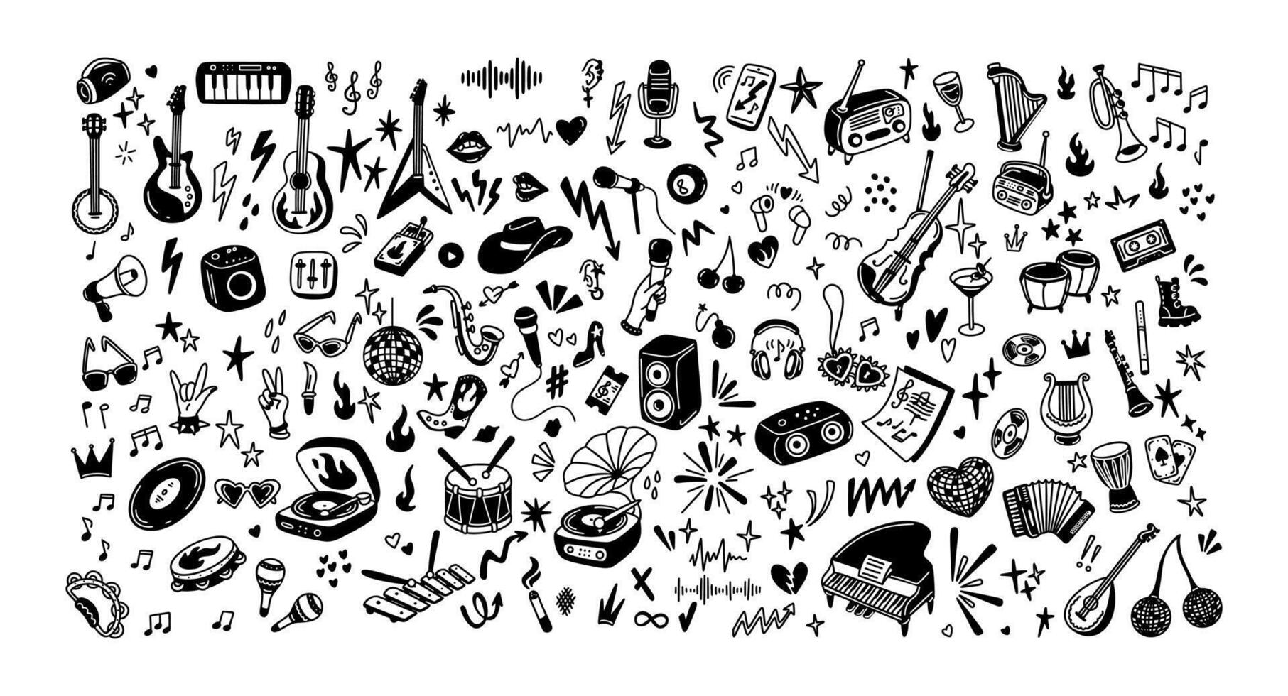 Hand drawn doodle rock, punk, pop music festival funky background. Karaoke, bachelorette girly party, disco graphic design. Emo goth grunge tattoo, graffiti, stickers, icons. Heart, star shape vector