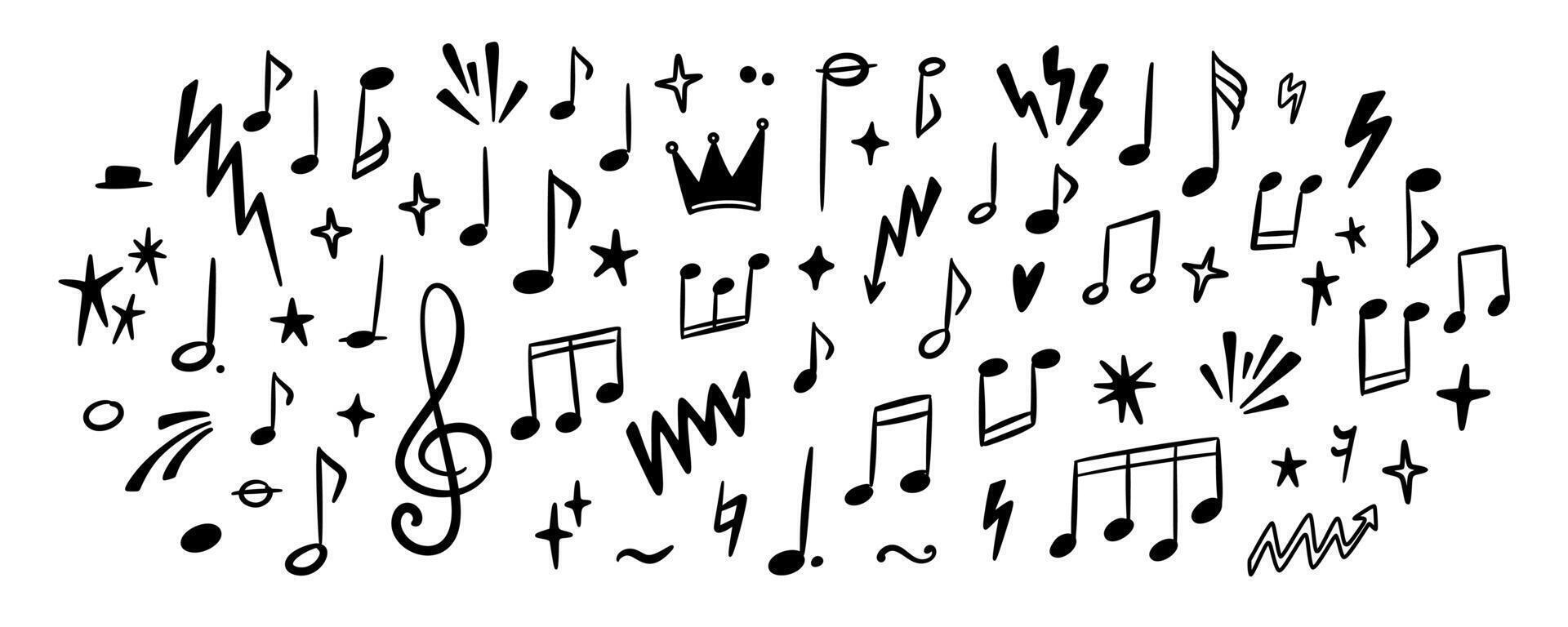 Musical hand drawn background. Music notes line doodle set. Whimsical playful crayon scribbles. Punk rock handwriting graphic grunge design. Graffiti drawing. Classic melody, piano concert poster vector