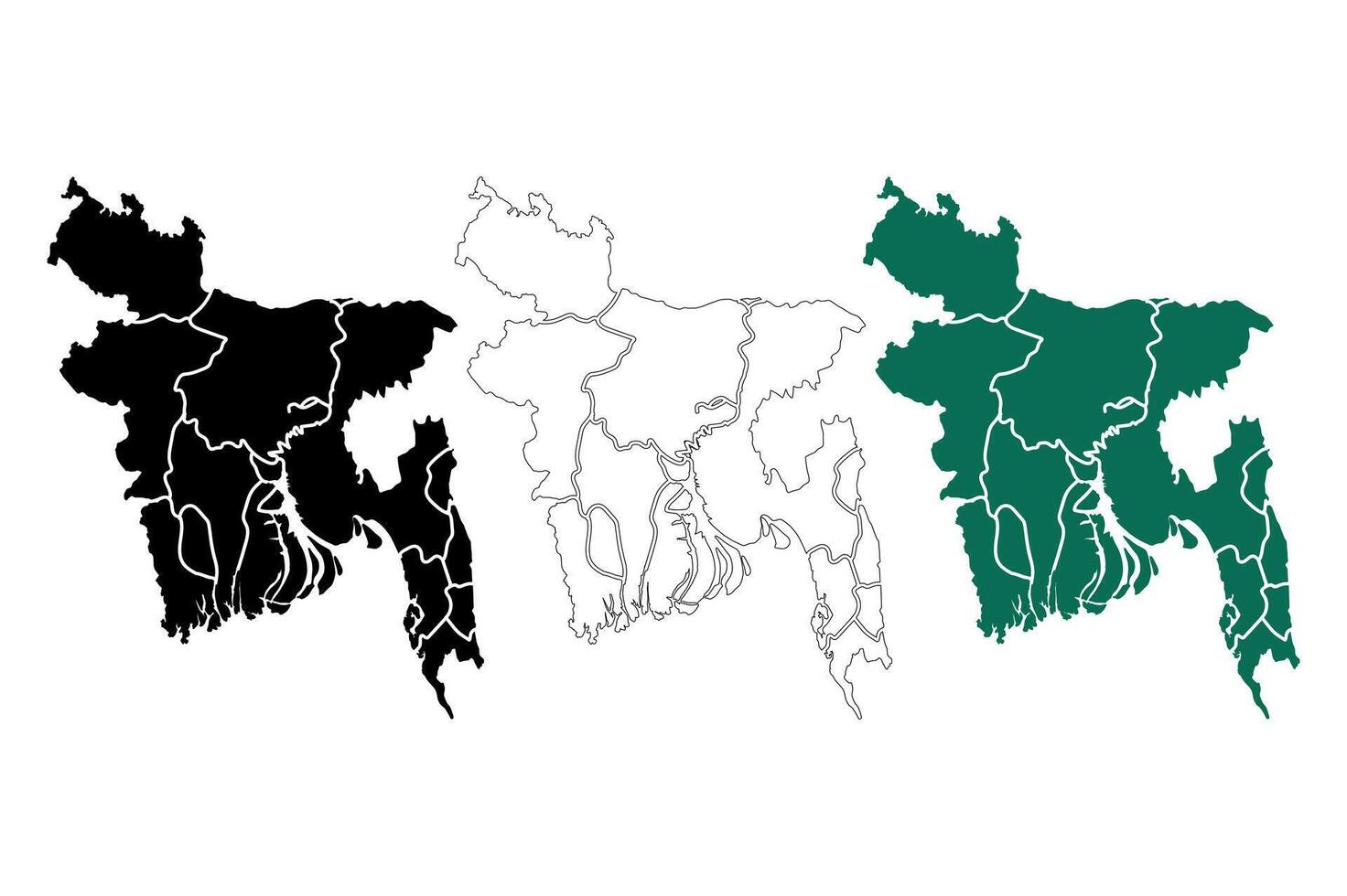 Three stylized maps of bangladesh showing its distinctive shape and internal divisions vector