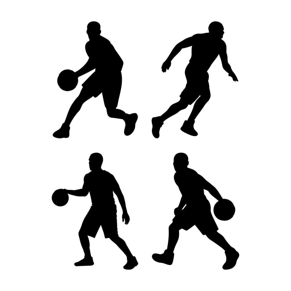 Four silhouettes of basketball players dribbling and moving on a white background vector