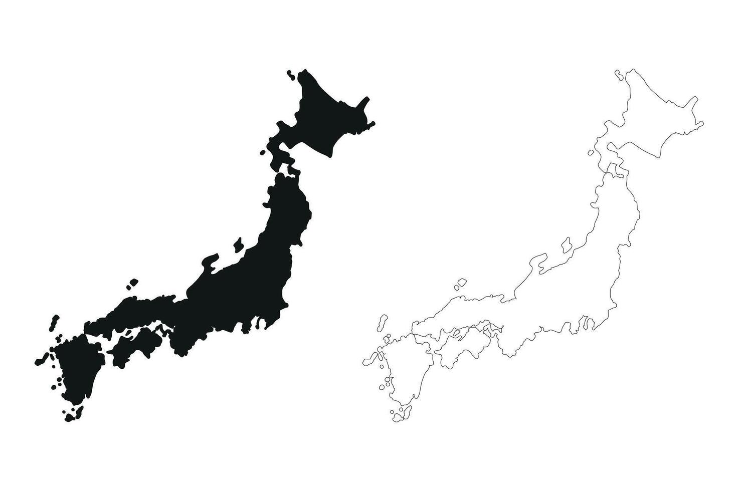 Black and white maps of japan showing country outline and silhouette vector