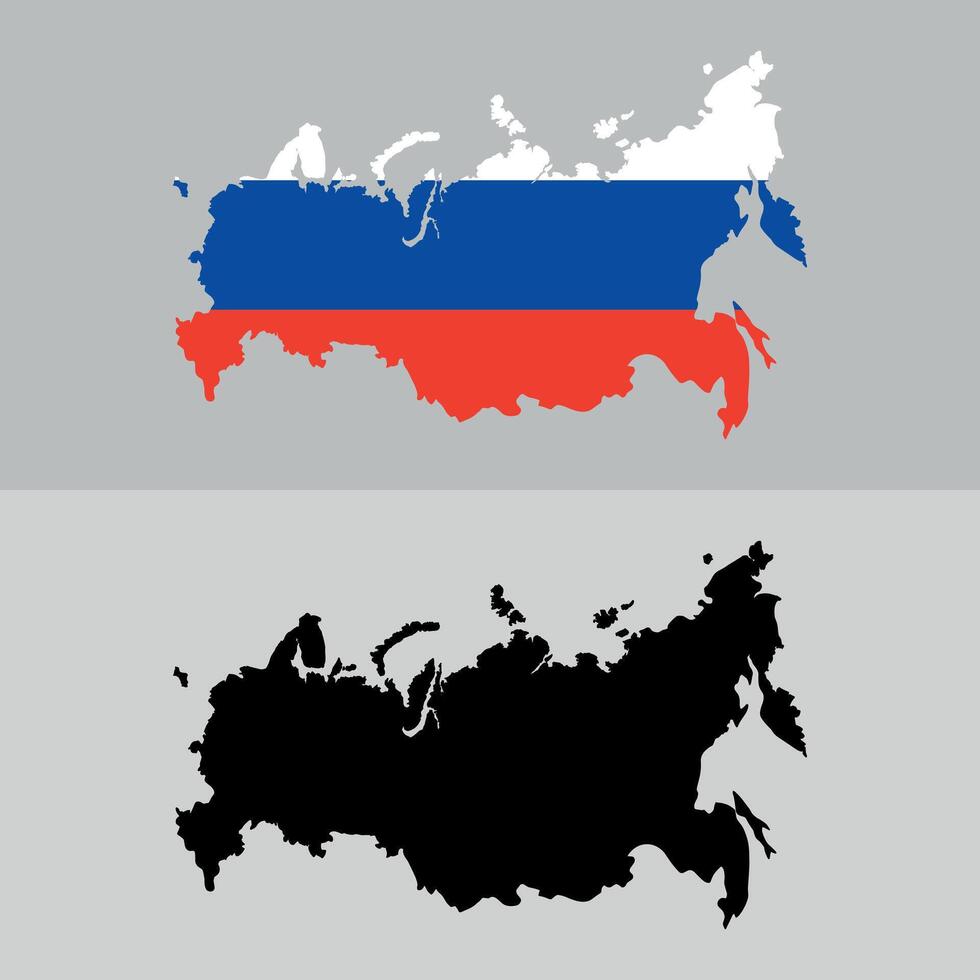 Map of russia overlaid with its national flag and a black silhouette vector