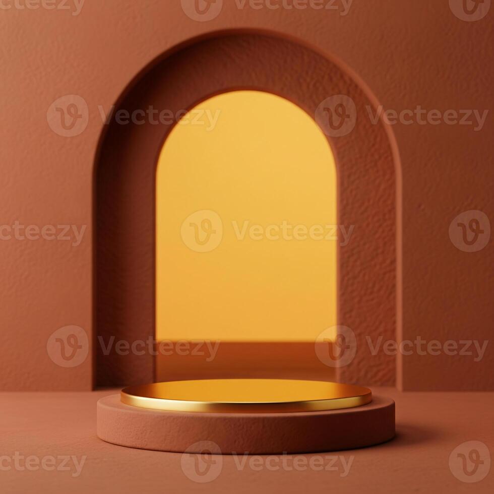 Empty podium display in warm terracotta and clay hues, with archway bathed in a golden amber light, luxury cosmetic scene photo