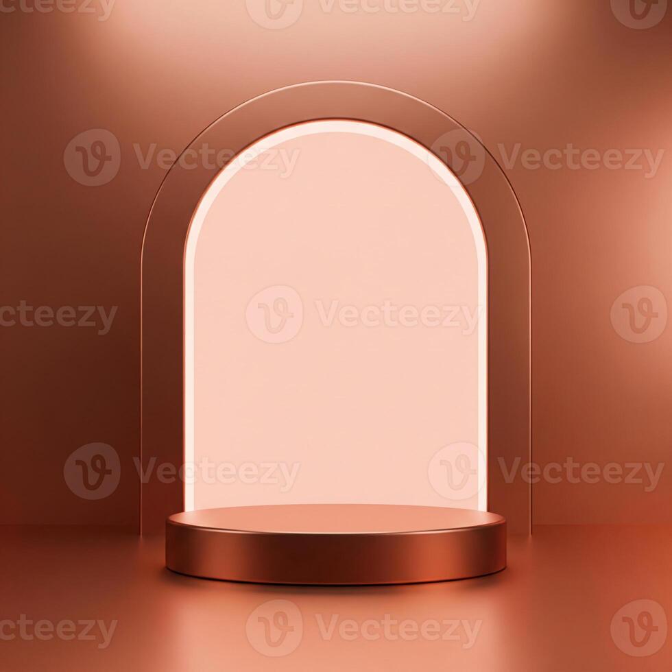 Empty warm rose gold environment, featuring a soft metallic pedestal and an arch with a peach-pink backlight, luxury cosmetic display photo