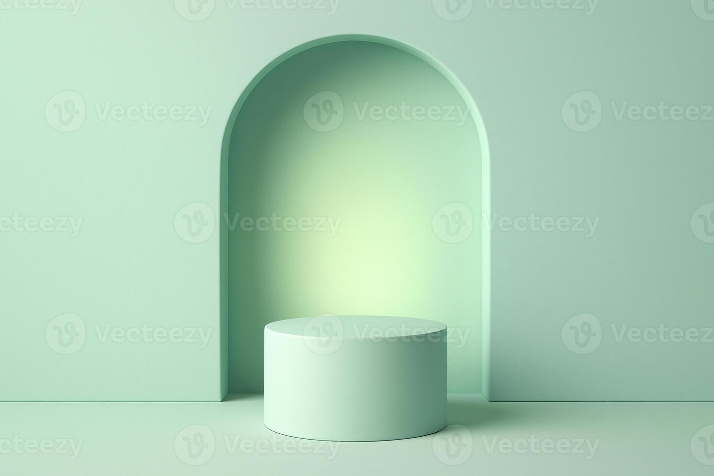 Empty display modern pedestal setup in soft mint green tones, with a gradient light green glow in the arched niche, beauty treatment product display photo