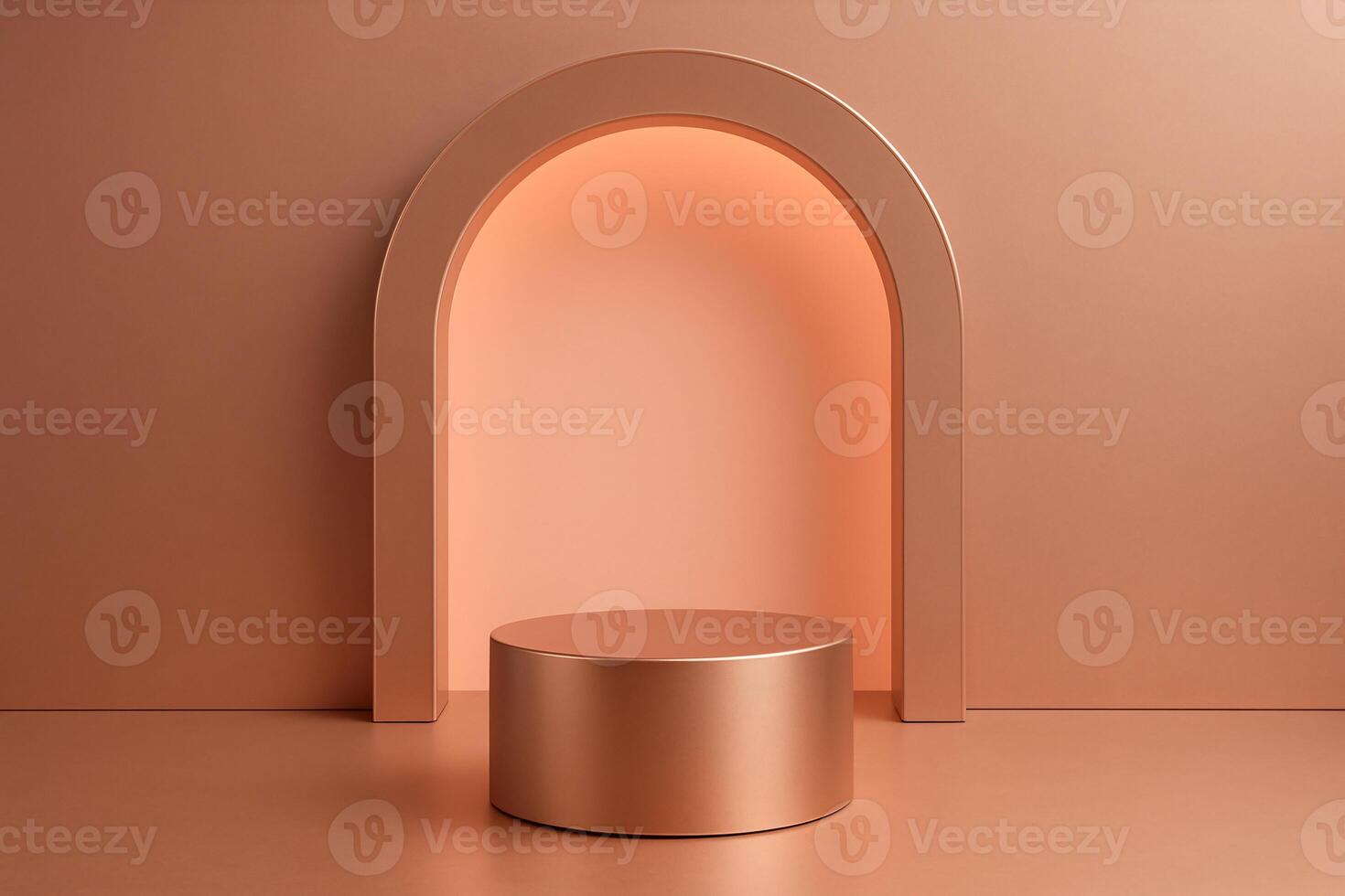 A warm rose gold environment, featuring a soft metallic pedestal and an arch with a peach-pink backlight, premium and luxury product presentation photo