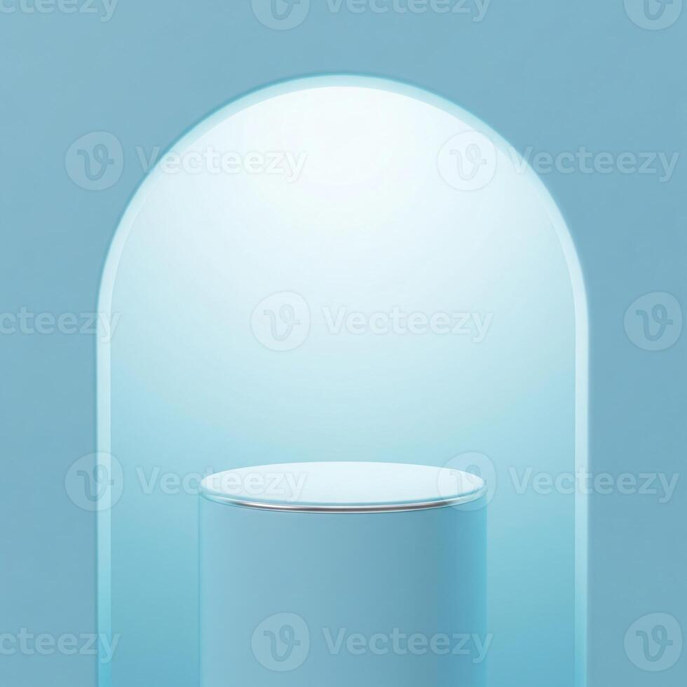 Empty powder blue cylindrical pedestal within a baby blue archway softly lit with white and pale cyan hues, perfect for cosmetic packaging display photo