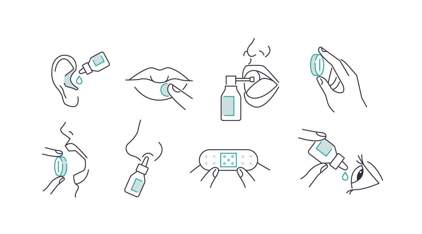 Taking medications concept set. Instruction how to use nasal spray, cold sores lips patch, eye and ear drops and other treatment vector