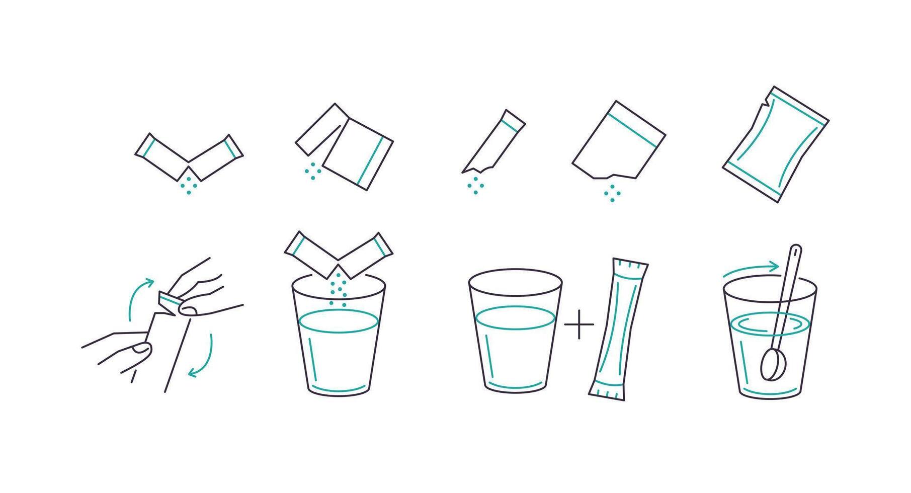 Sachet powder concept set. Instruction how to dissolve effervescent medication in water vector