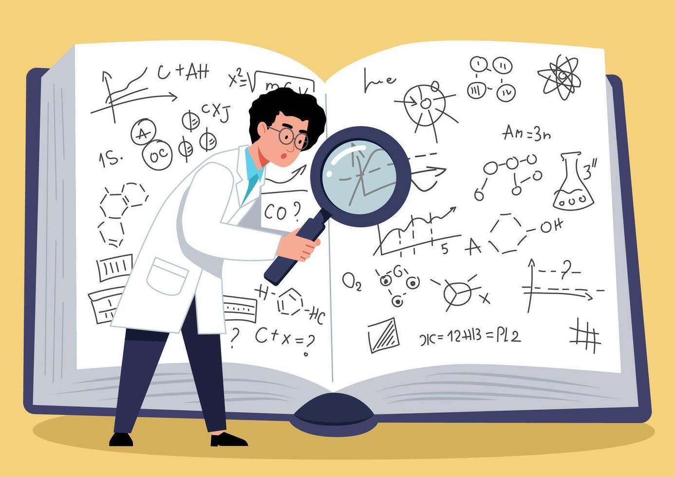 A scientist with a large magnifying glass studies formulas in a book vector