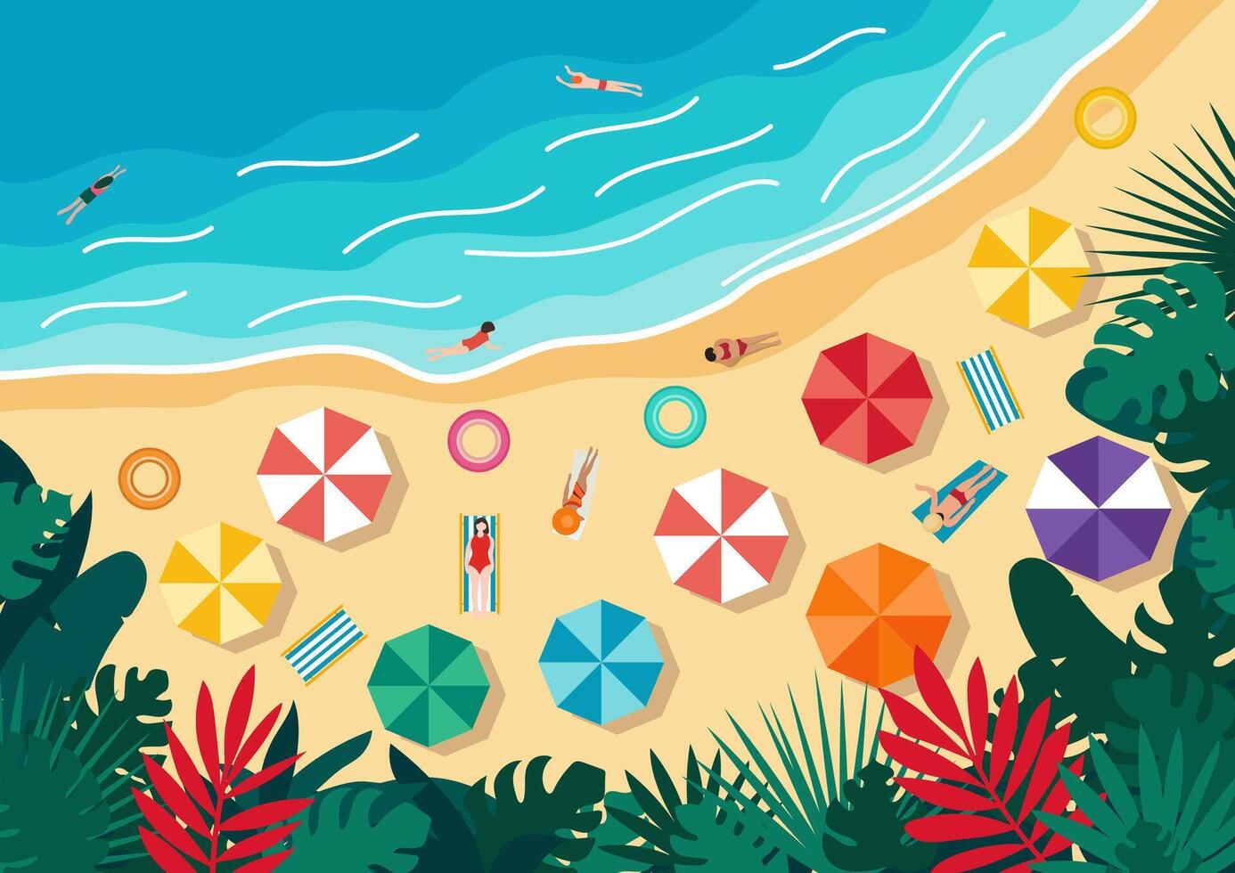 Aerial view of the beach and surf line with vacationers and plants vector