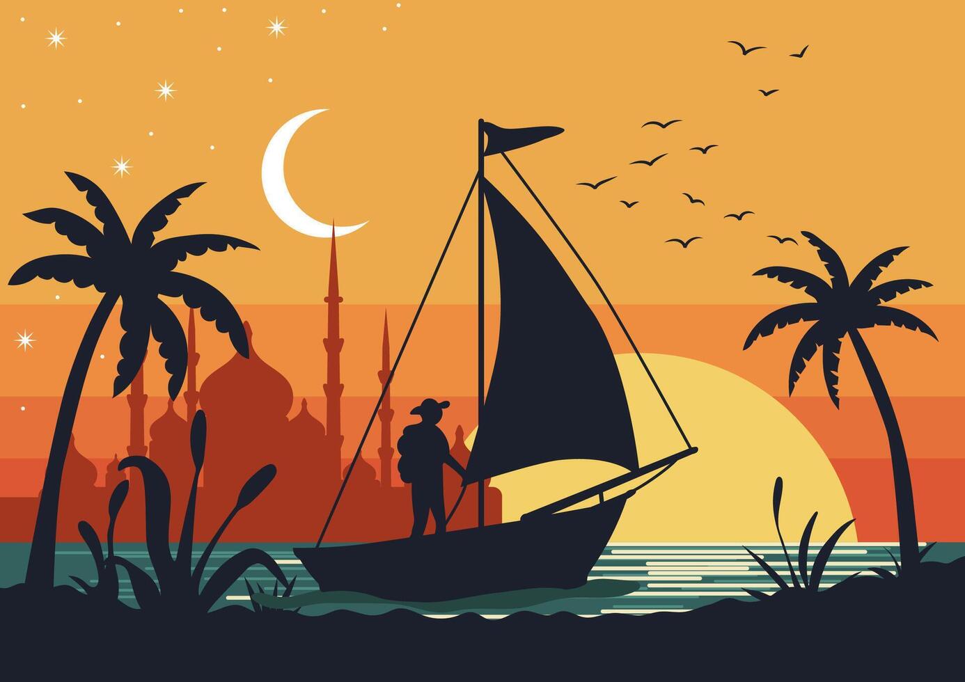 A man is sailing on a small ship against the backdrop of a sunset and an oriental city vector