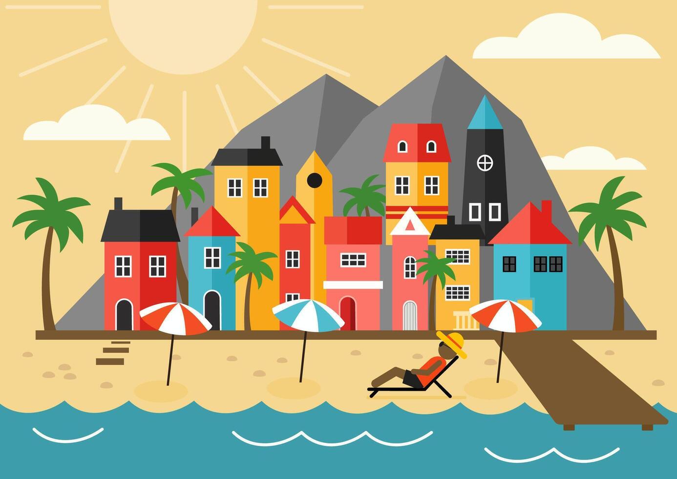 stylized tropical town on the seashore vector
