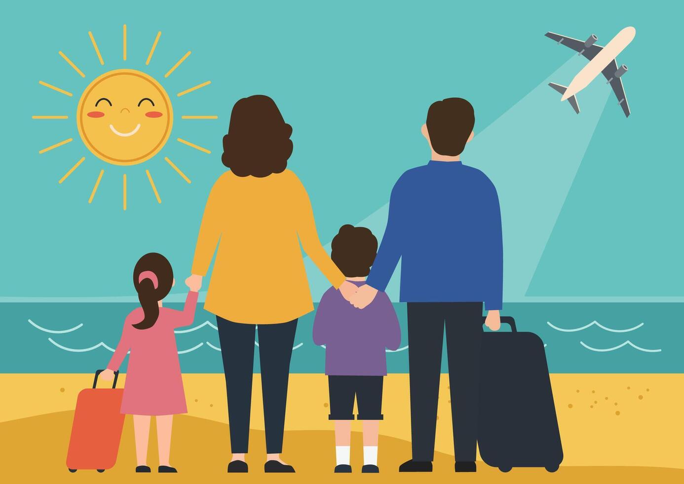 A family with children and suitcases stands against the background of the sea and a flying airplane vector