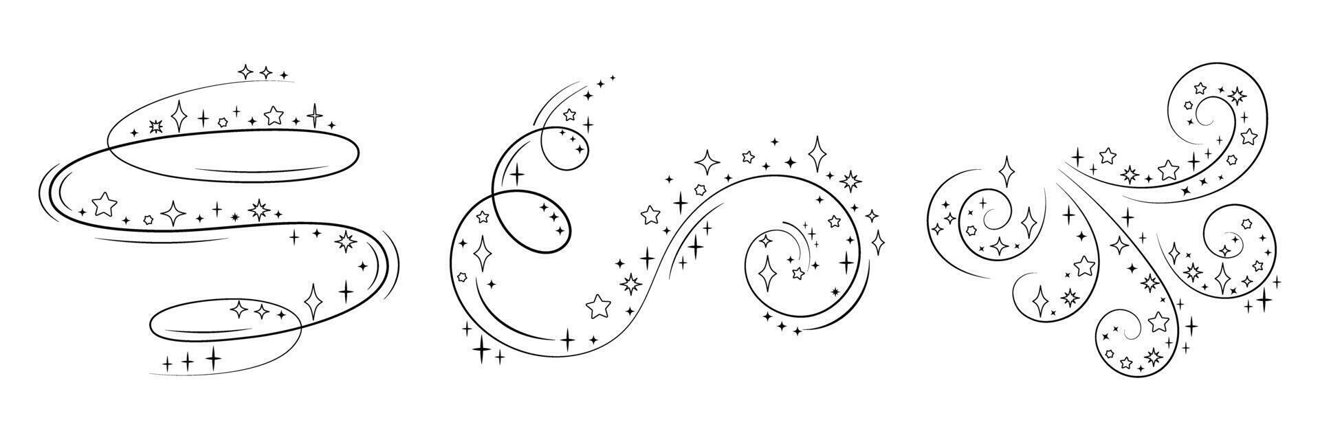 Magic Swirl Sparkle Elements Set. Hand Drawn Decorative Star Trails and Swirls for Fairy Dust, Fantasy, Magic Wand, and Celestial Design Projects vector