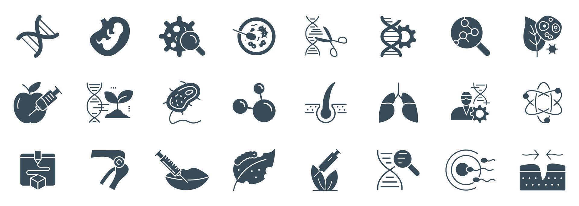 Biotechnology and Life Science Glyph Icon Set - Solid Illustration for genetics, medical research, and bioengineering vector