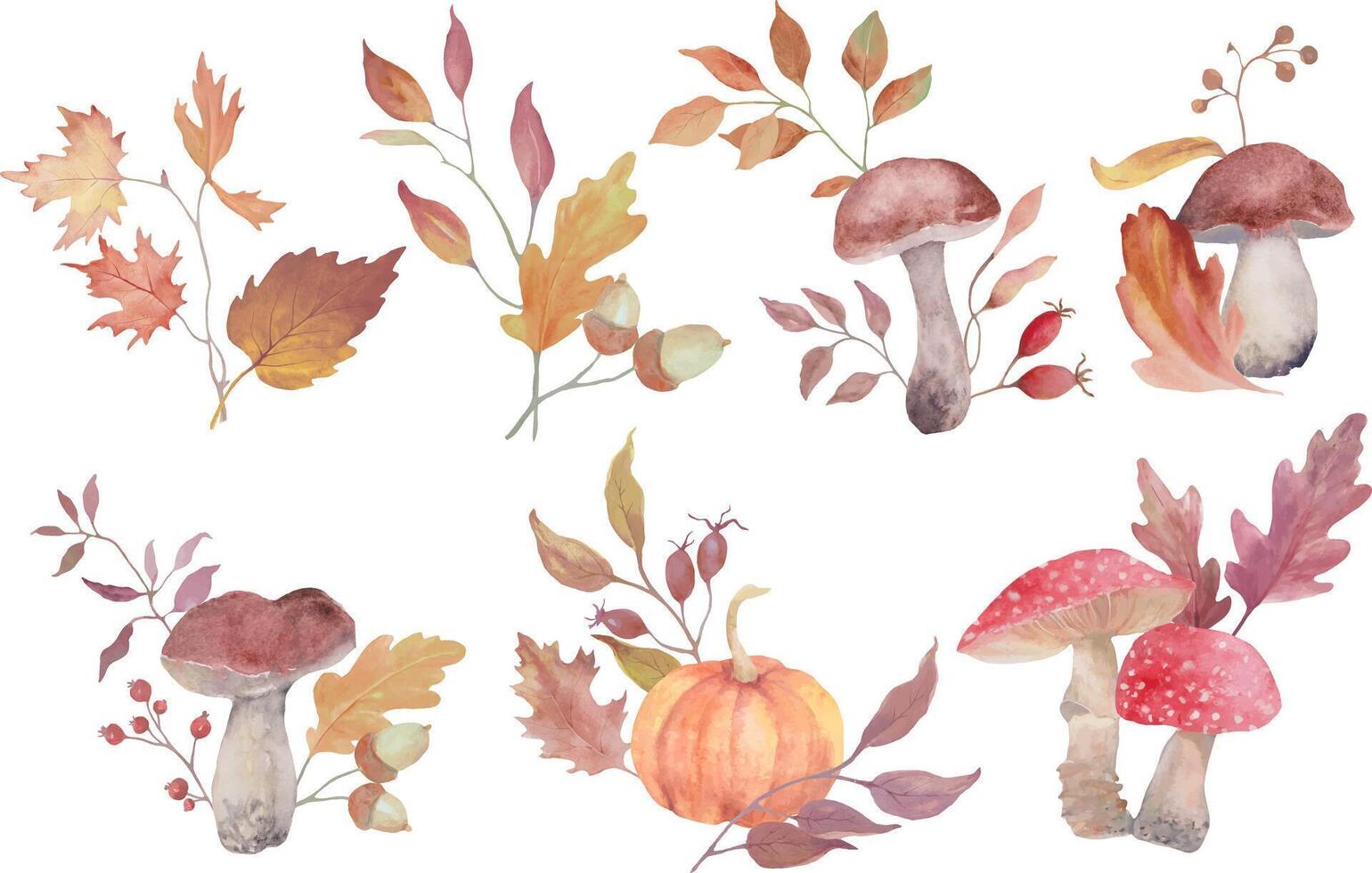 Watercolor mushrooms and autumn leaves vector