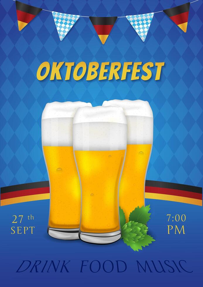Oktoberfest beer glasses on blue background vector