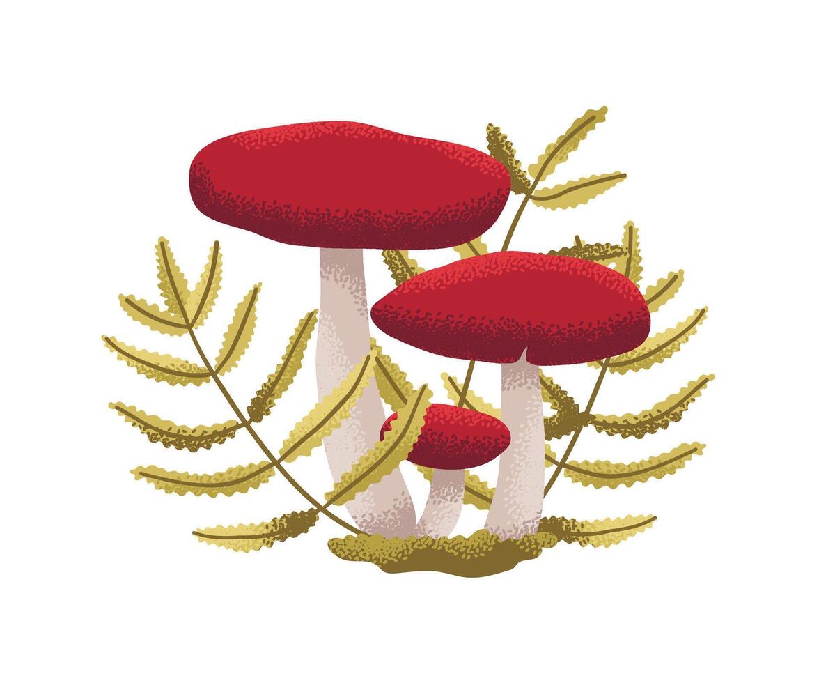 Red mushrooms with green leaves vector