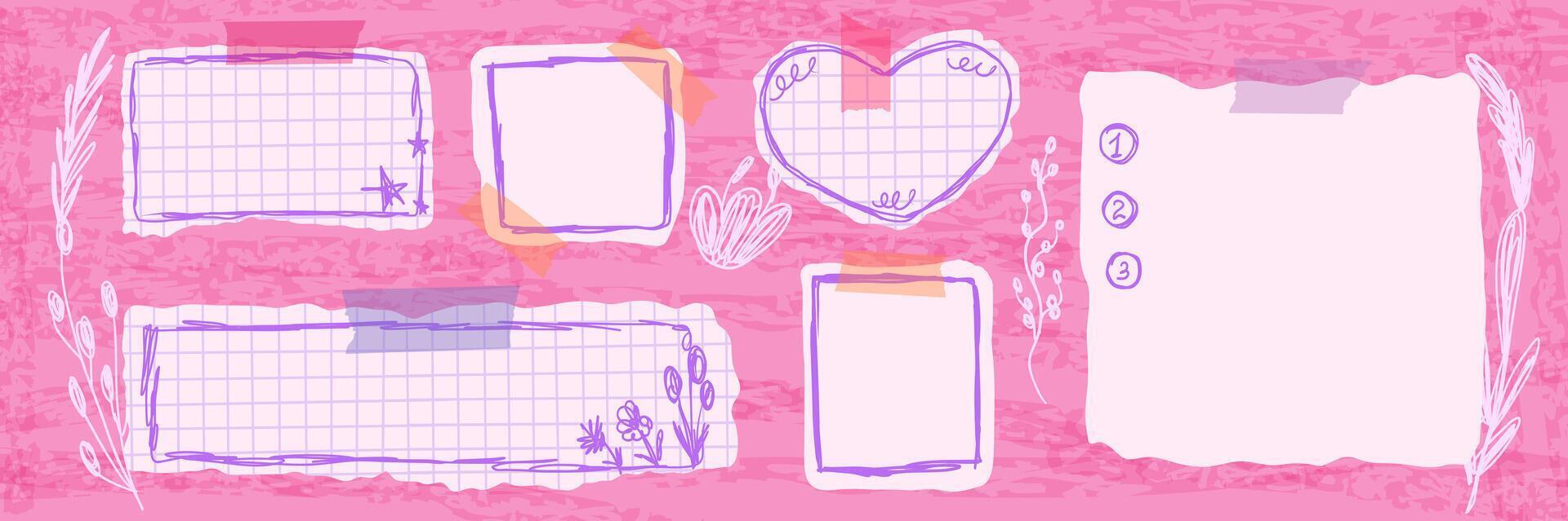 Colorful frames and notes on pink background vector