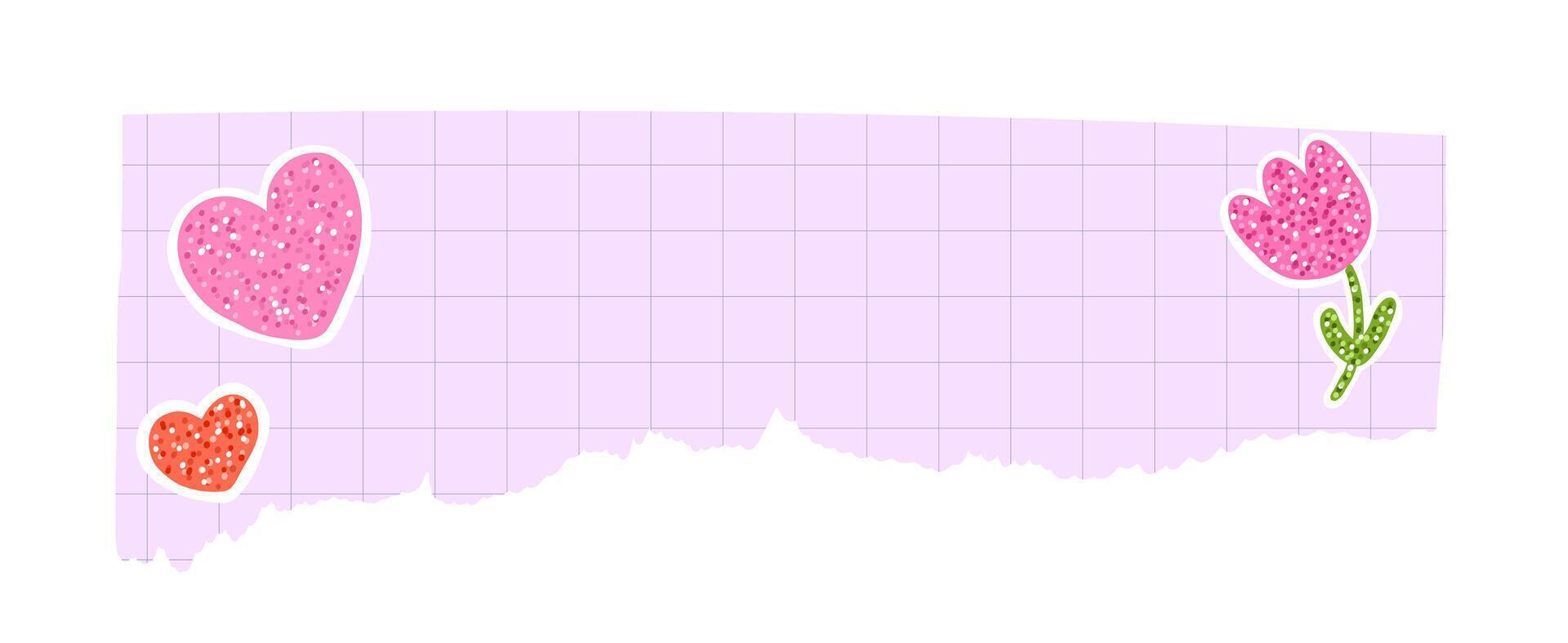 Ripped pad paper with grid pattern and adhesive cute stickers with glitter vector