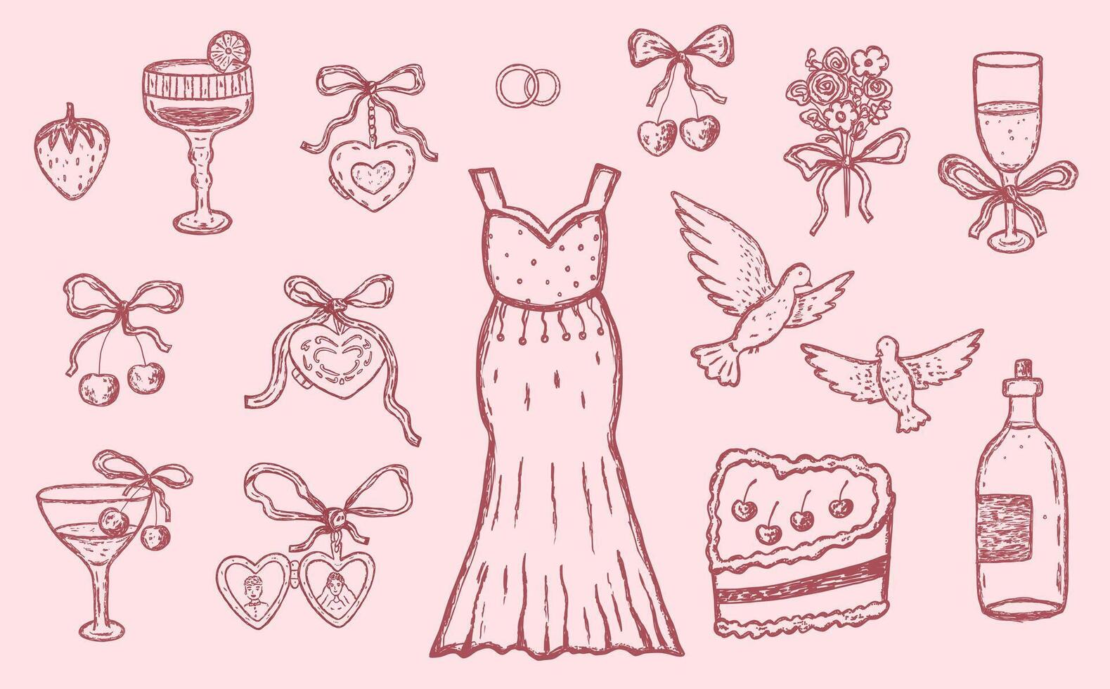 Set of vintage wedding whimsial sketch with bride dress, bouquet and locket in pink color vector
